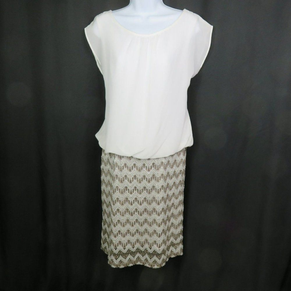 Karin Stevens Cocktail Dress Size 6 One Piece Sheer Top Gold Metallic Party